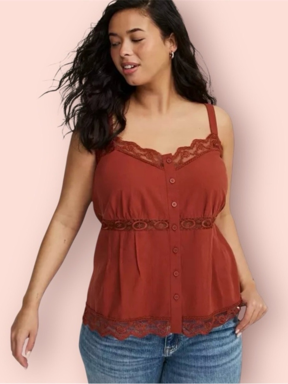 Lace-Trim Button Front Tank Top - Picture 3 of 8
